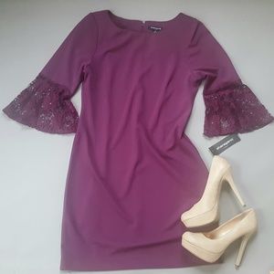 Plum Sharagano Lace Bell Sleeve Shift Dress